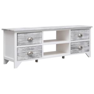 Móvel de TV 108x30x40 cm madeira paulownia branco e cinzento