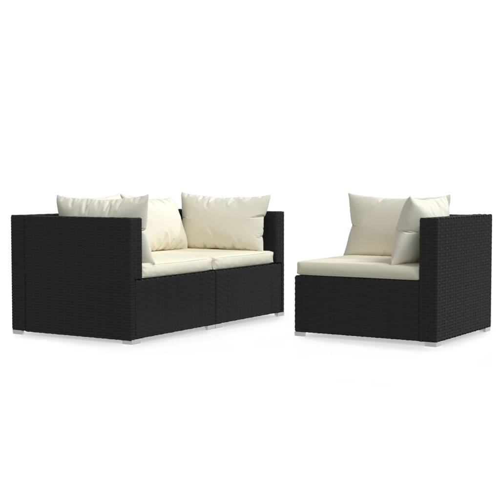 3 pcs conjunto lounge de jardim c/ almofadões vime PE preto - Image 2
