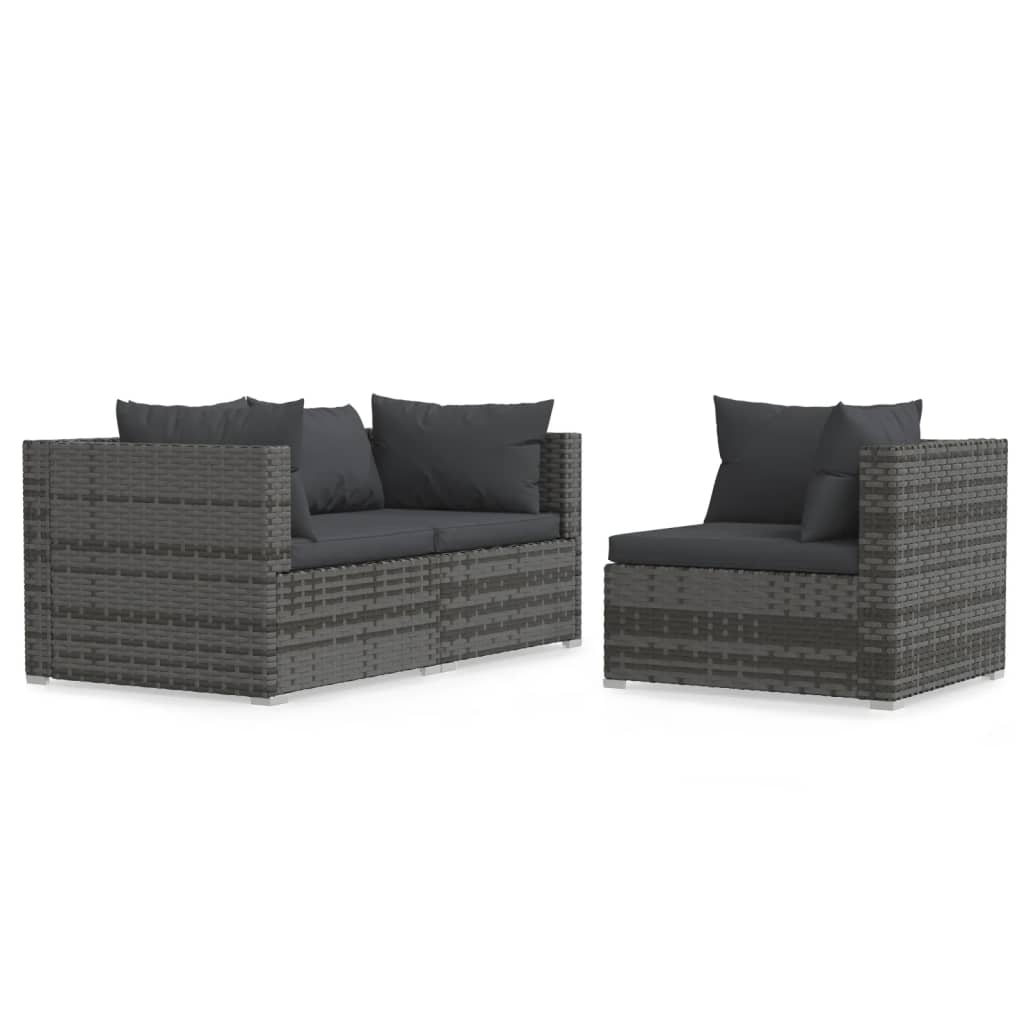 3 pcs conjunto lounge de jardim c/ almofadões vime PE cinzento - Image 2