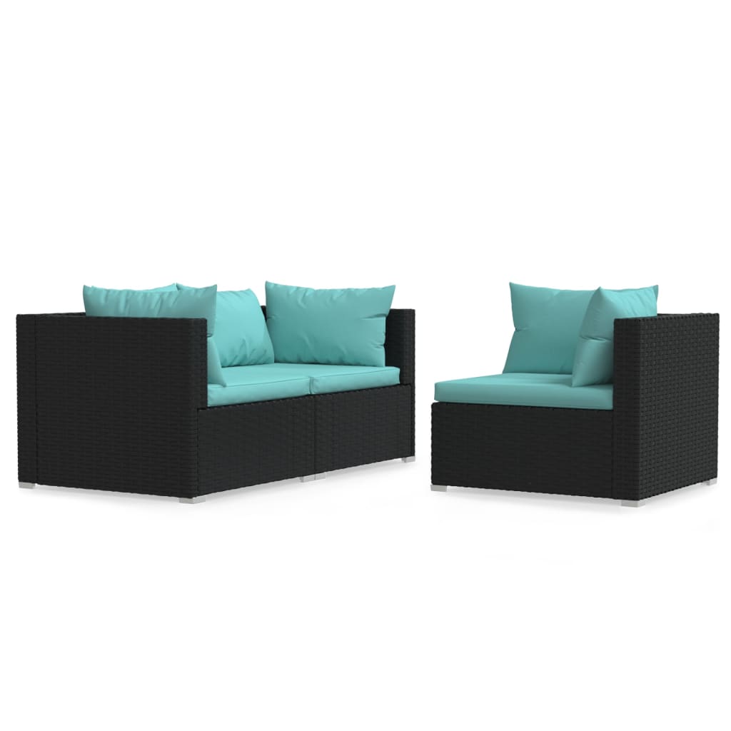 3 pcs conjunto lounge de jardim c/ almofadões vime PE preto - Image 2