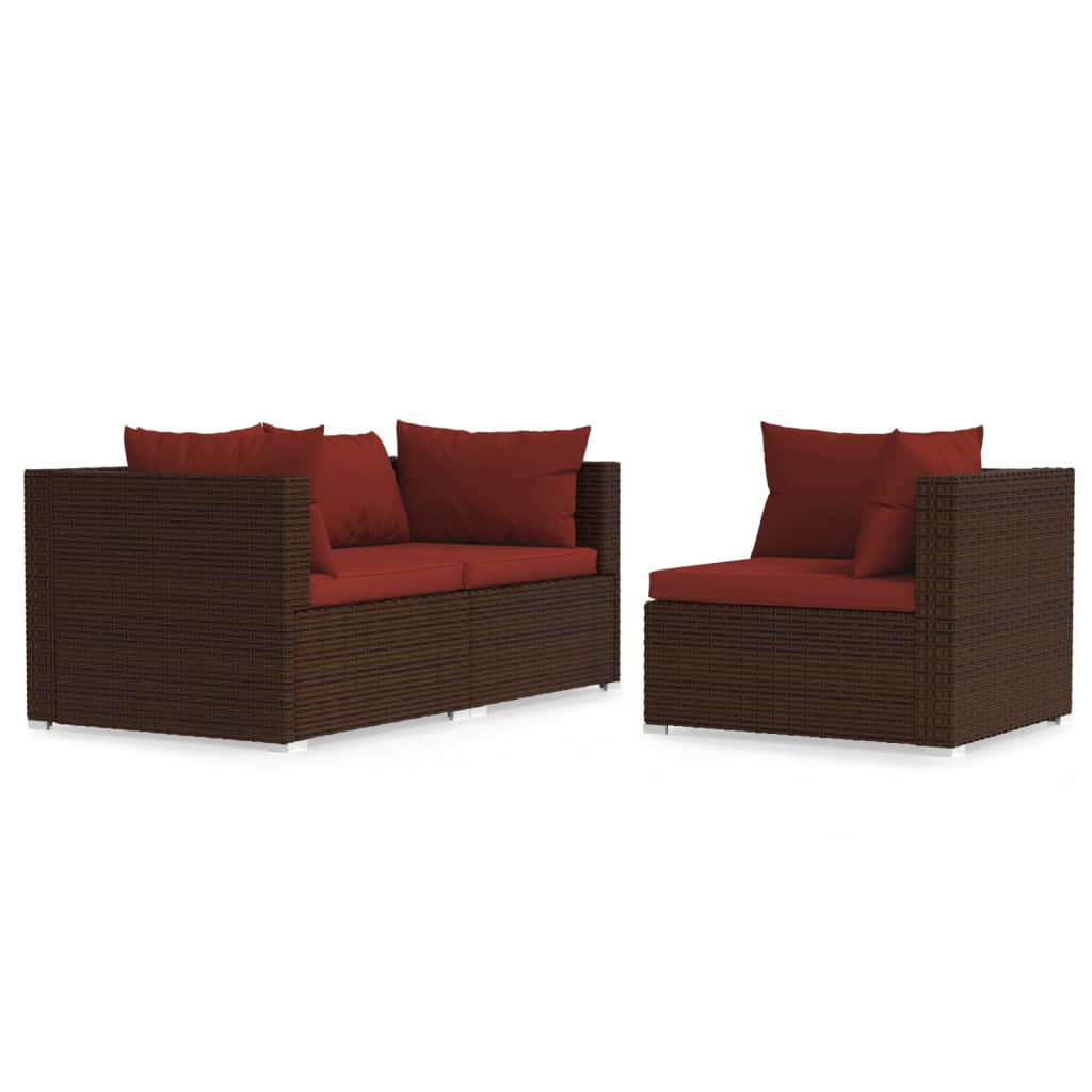 3 pcs conjunto lounge jardim c/ almofadões vime PE castanho - Image 2