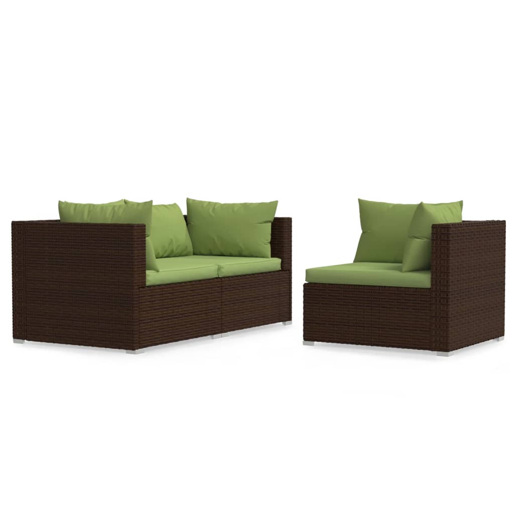 3 pcs conjunto lounge jardim c/ almofadões vime PE castanho - Image 2