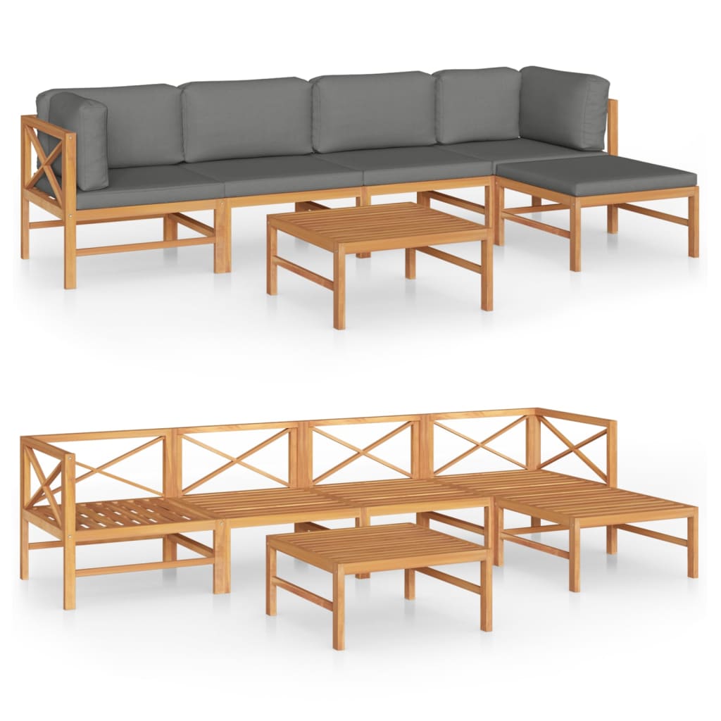 6 pcs conj. lounge de jardim + almofadões cinzentos teca maciça - Image 2