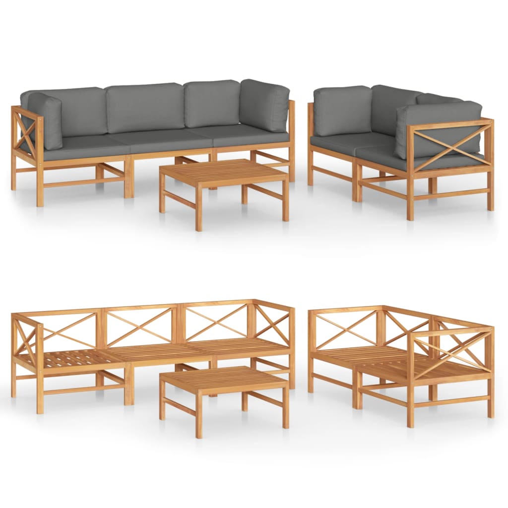 6 pcs conj. lounge de jardim + almofadões cinzentos teca maciça - Image 2