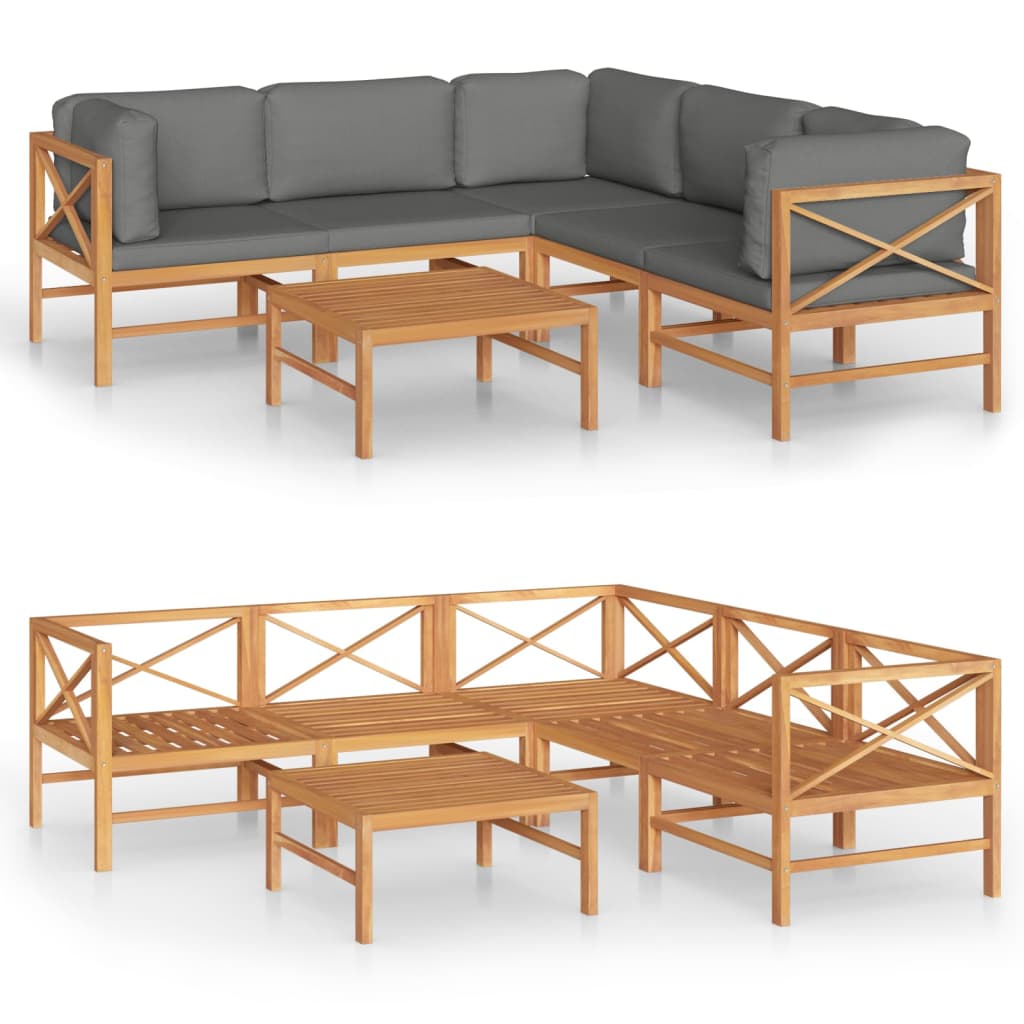 6 pcs conj. lounge de jardim + almofadões cinzentos teca maciça - Image 2