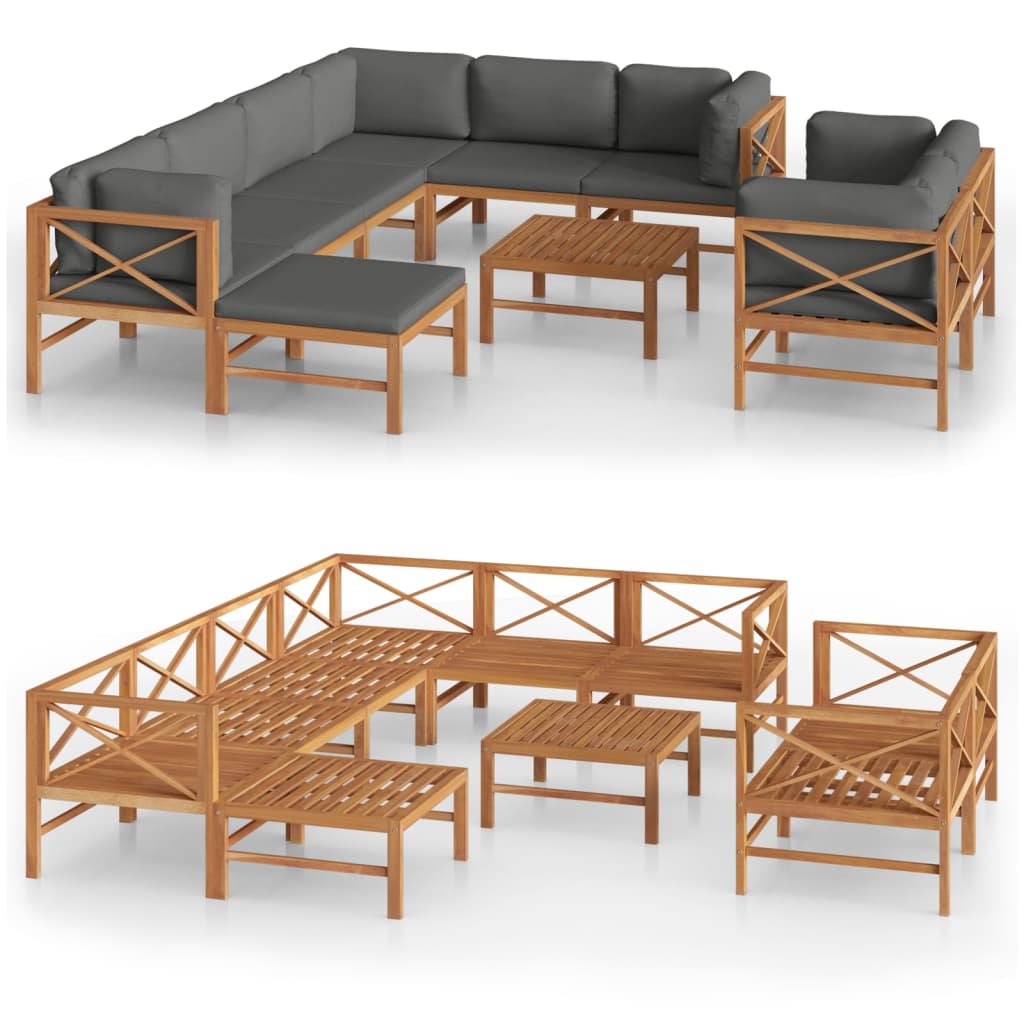 10 pcs conj. lounge jardim c/ almofadões cinzentos teca maciça - Image 2