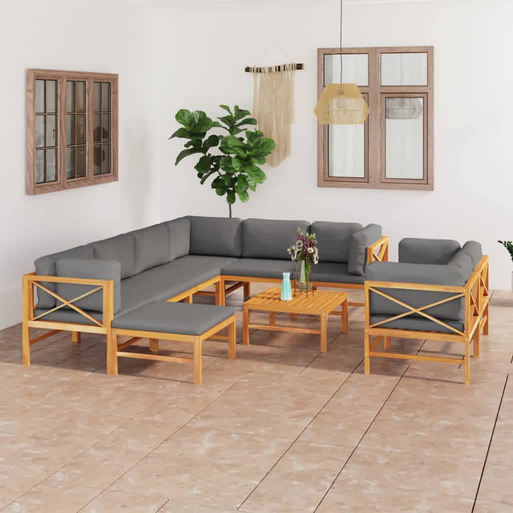 10 pcs conj. lounge jardim c/ almofadões cinzentos teca maciça