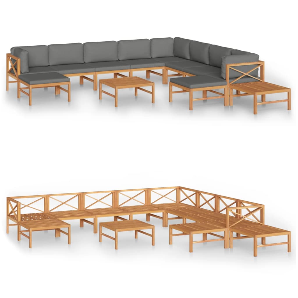 12 pcs conj. lounge jardim c/ almofadões cinzentos teca maciça - Image 2