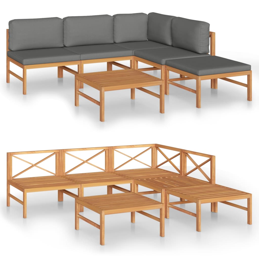 6 pcs conj. lounge jardim c/ almofadões cinzentos teca maciça - Image 2