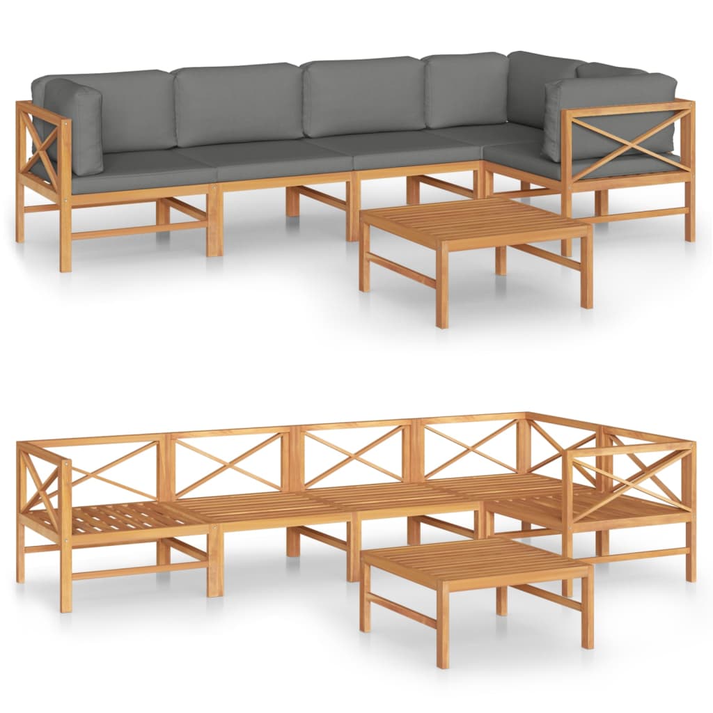 6 pcs conj. lounge jardim c/ almofadões cinzentos teca maciça - Image 2