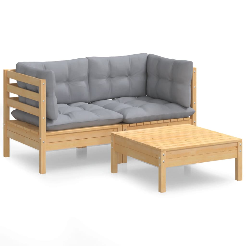 3 pcs conjunto lounge de jardim c/ almofadões cinzentos pinho - Image 2