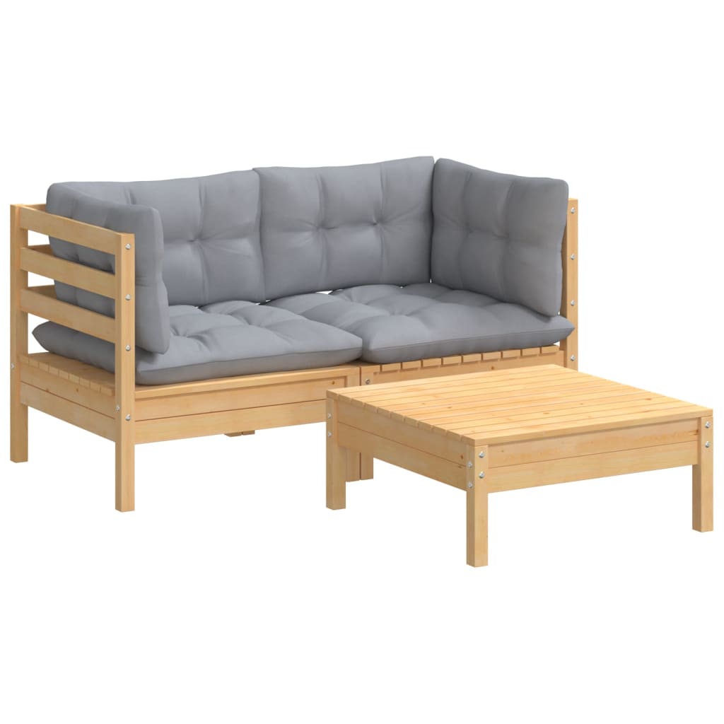 3 pcs conjunto lounge de jardim c/ almofadões cinzentos pinho - Image 2