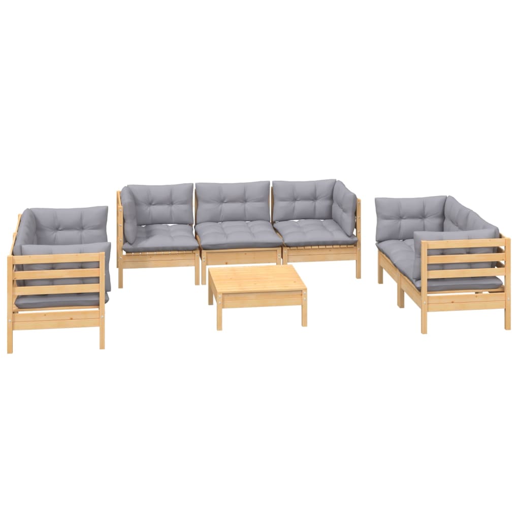 8 pcs conj. lounge jardim c/ almofadões cinzentos pinho maciço - Image 3