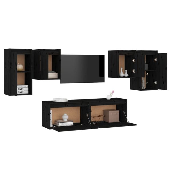 Móveis de TV 6 pcs madeira de pinho maciça preto - Image 3