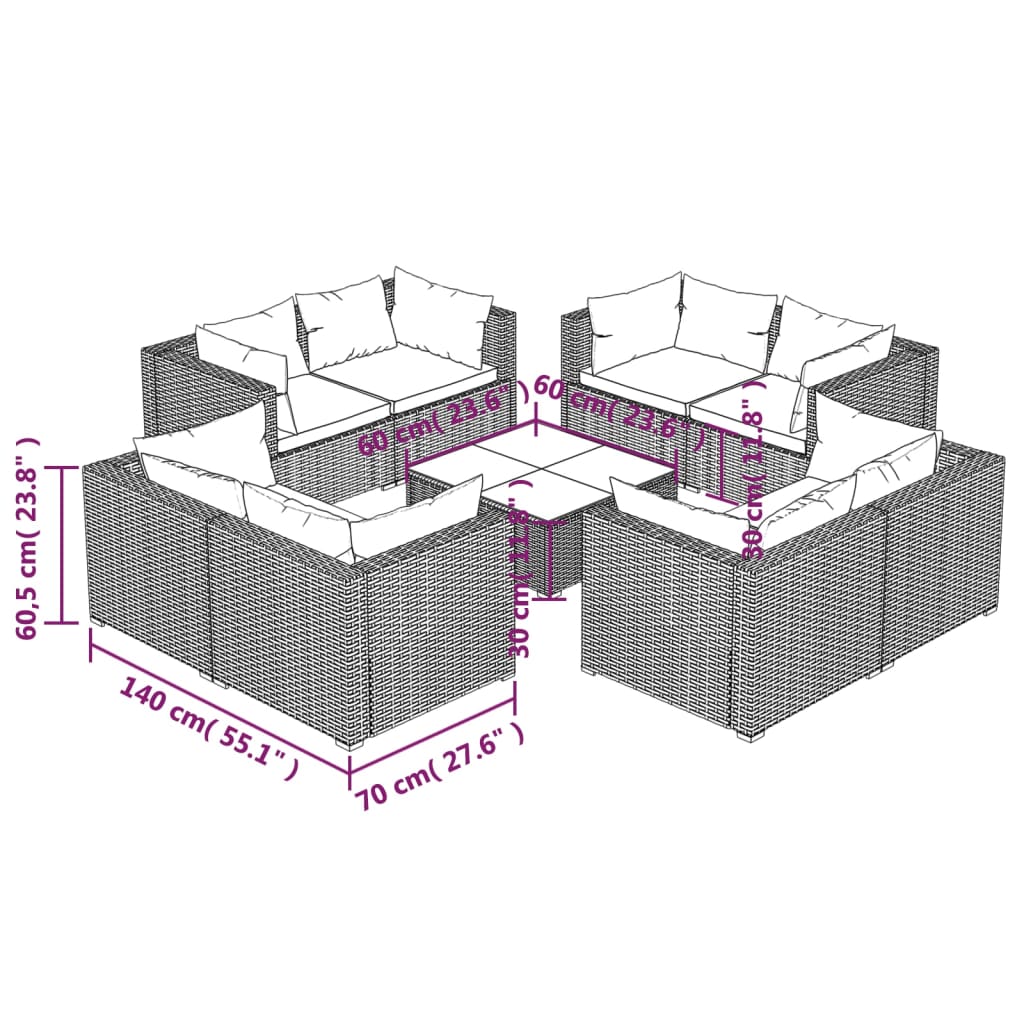 9 pcs conjunto lounge de jardim c/ almofadões vime PE preto - Image 6