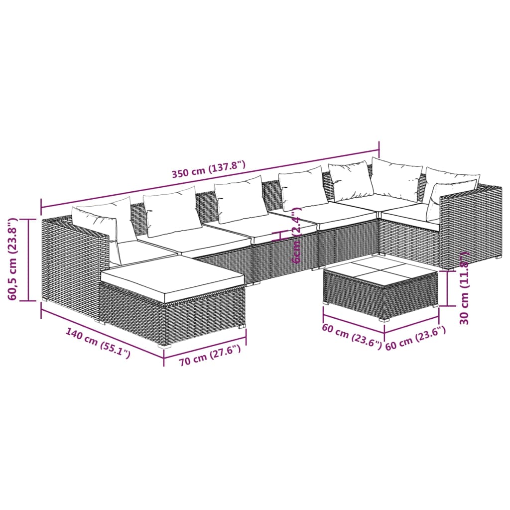 8 pcs conjunto lounge de jardim c/ almofadões vime PE cinzento - Image 10