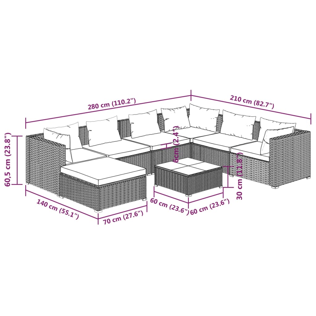 8 pcs conjunto lounge de jardim c/ almofadões vime PE cinzento - Image 10