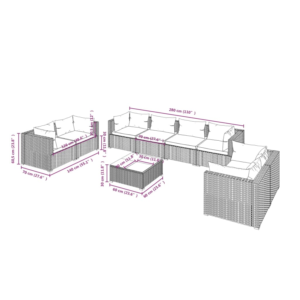 9 pcs conjunto lounge jardim c/ almofadões vime PE castanho - Image 9