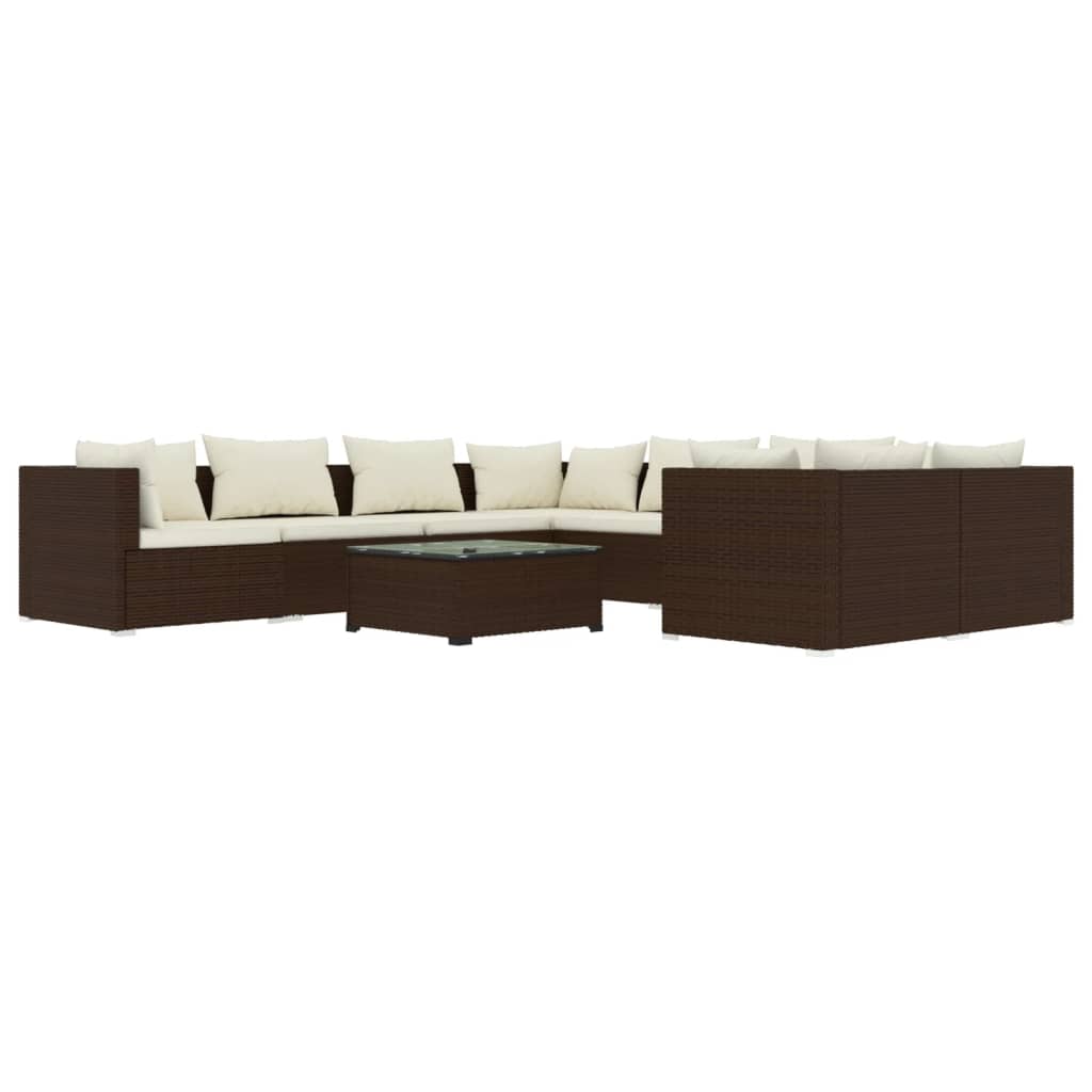 9 pcs conjunto lounge jardim c/ almofadões vime PE castanho - Image 2