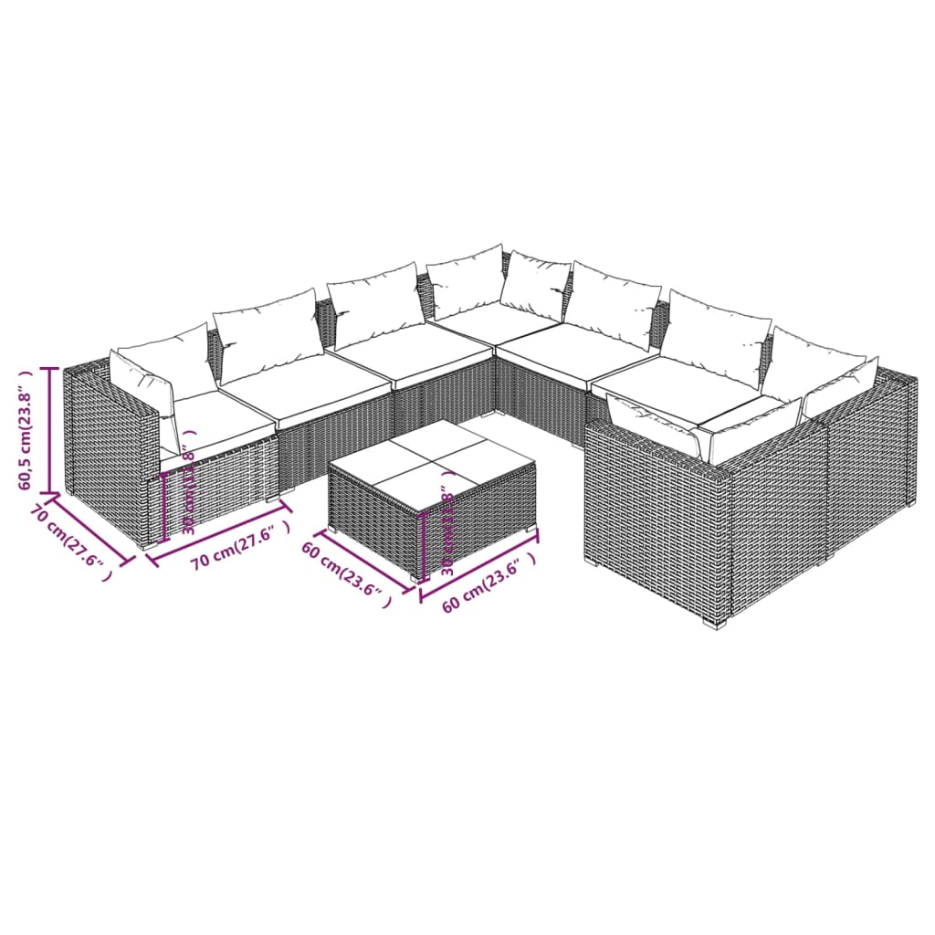 9 pcs conjunto lounge jardim c/ almofadões vime PE castanho - Image 9
