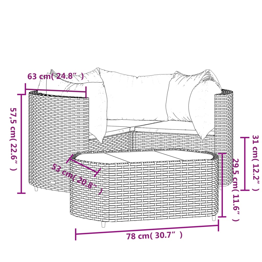 4 pcs conjunto lounge de jardim c/ almofadões vime PE cinzento - Image 10