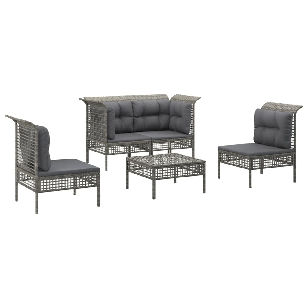 5 pcs conjunto lounge de jardim c/ almofadões vime PE cinzento - Image 2