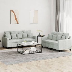 2 pcs conjunto de sofás com almofadões veludo cinzento-claro