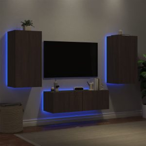 3 pcs móveis de parede para TV com luzes LED carvalho castanho
