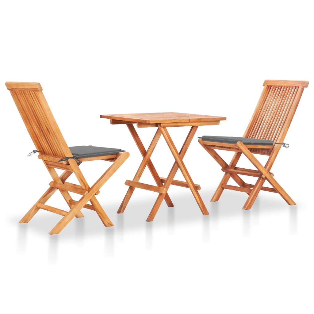 Conjunto bistrô c/ almofadões cinzentos 3 pcs teca maciça