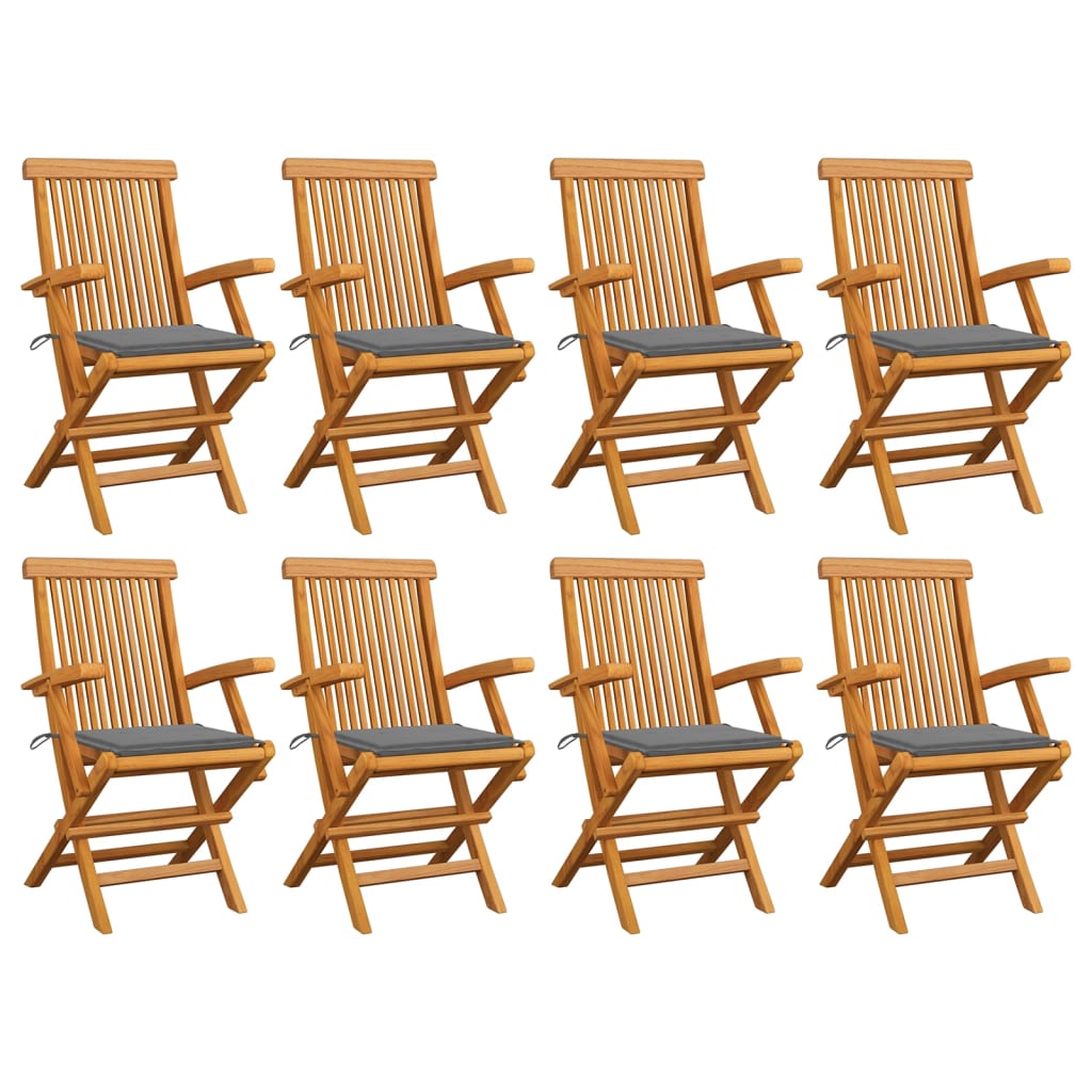 Cadeiras de jardim c/ almofadões cinzentos 8 pcs teca maciça