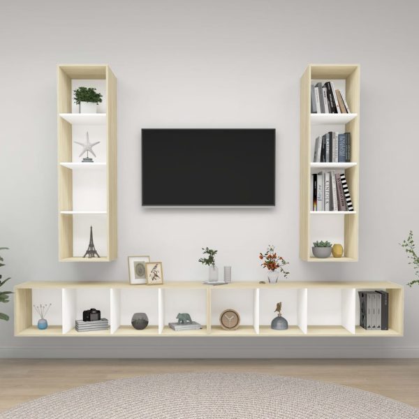 Armários de parede p/ TV 4pcs derivados madeira branco/sonoma