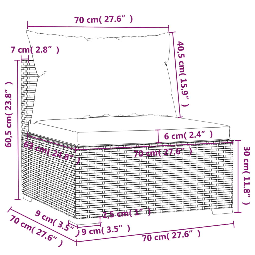8 pcs conjunto lounge de jardim c/ almofadões vime PE cinzento - Image 11
