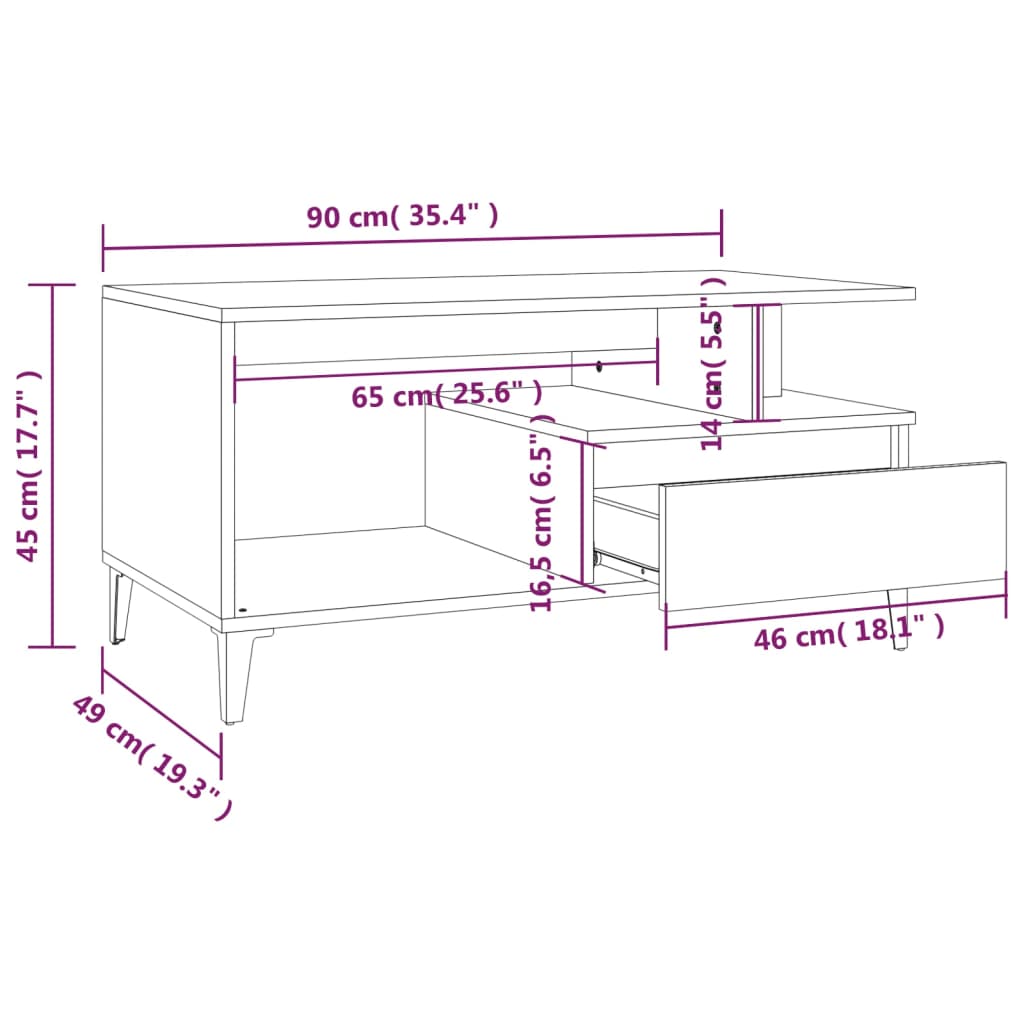 Mesa centro 90x49x45 cm derivados de madeira branco brilhante - Image 8