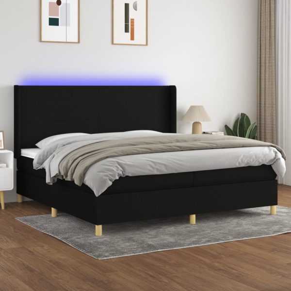 Cama box spring c/ colchão e LED 200x200 cm tecido preto