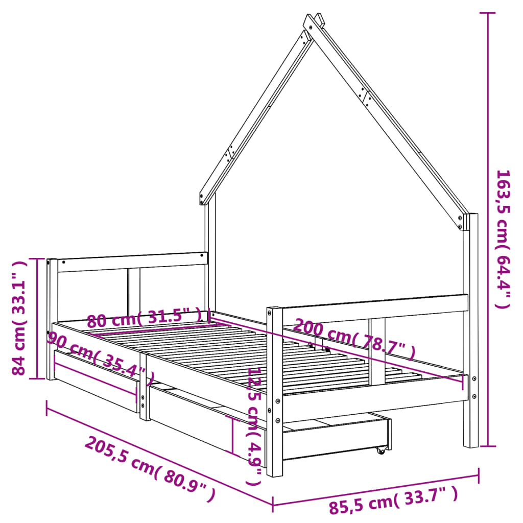 Estrutura cama infantil c/ gavetas 80x200cm pinho maciço branco - Image 9