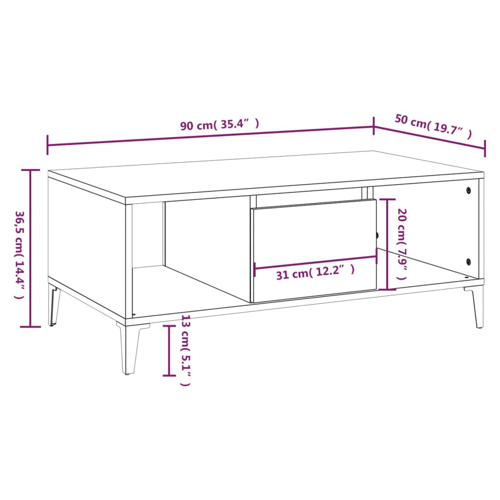 Mesa de centro 90x50x36,5 cm derivados madeira branco brilhante - Image 8