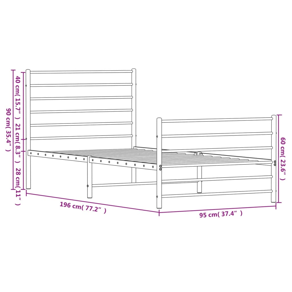 Estrutura de cama com cabeceira e pés 90x190 cm metal branco - Image 10