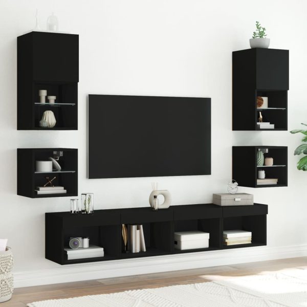 Móveis de parede p/ TV com luzes LED 2 pcs 30x28,5x30 cm preto - Image 4
