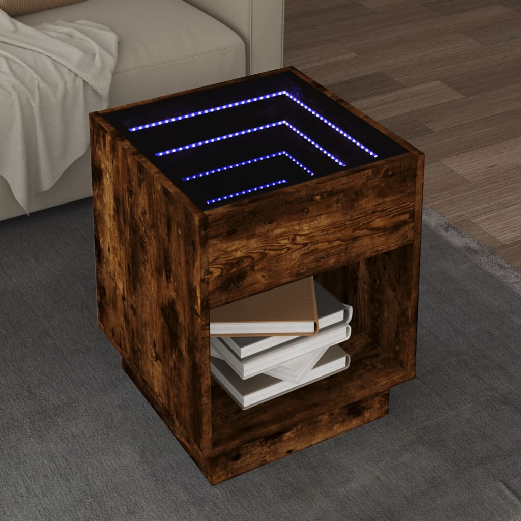 Mesa de centro luzes LED Infinity 40x40x50 cm carvalho fumado