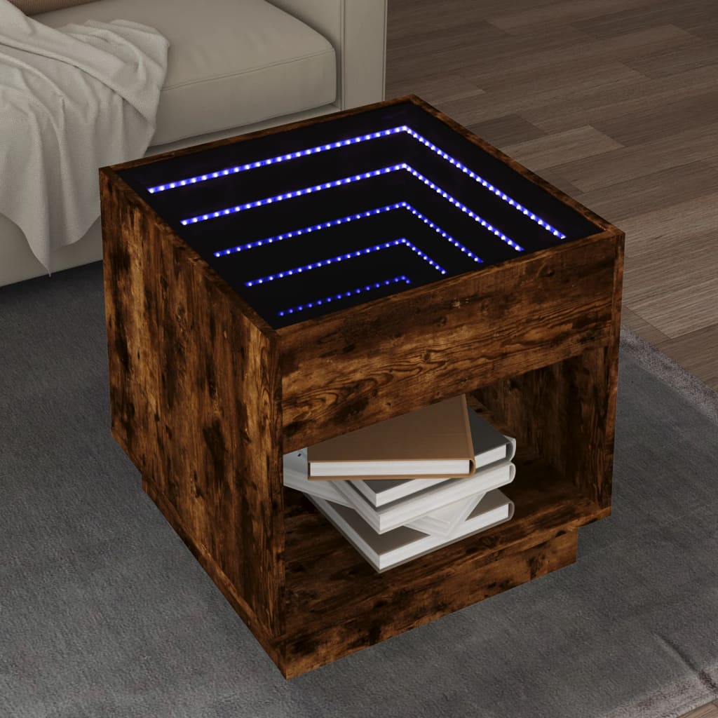 Mesa de centro luzes LED Infinity 50x50x50 cm carvalho fumado