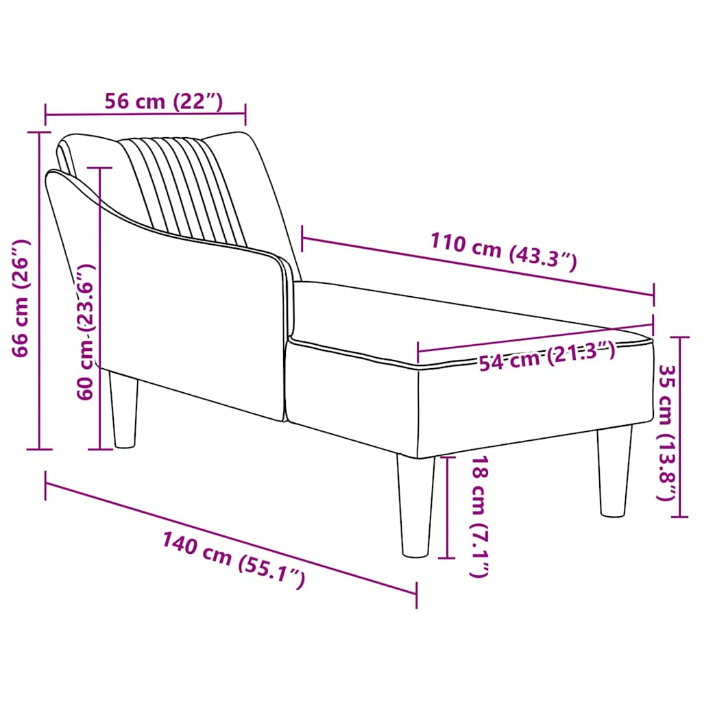 Chaise-longue com apoio de braço direito veludo rosa - Image 9