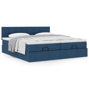 Estrutura de cama otomana com colchões 200x200cm tecido azul