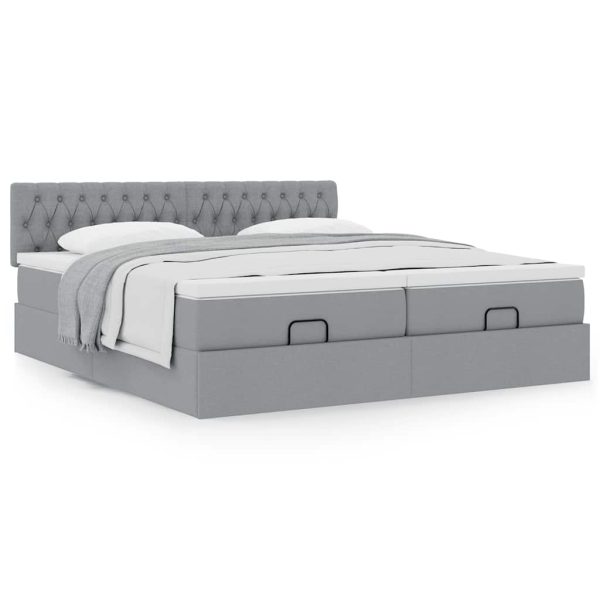 Estrutura de cama otomana com colchões tecido cinzento claro