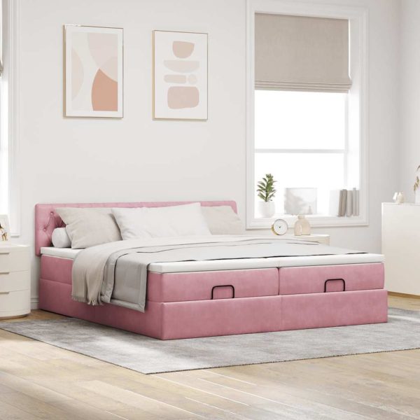 moldura de cama otomana vidaXL com colchão rosa 200x200cm Veludo - Image 3