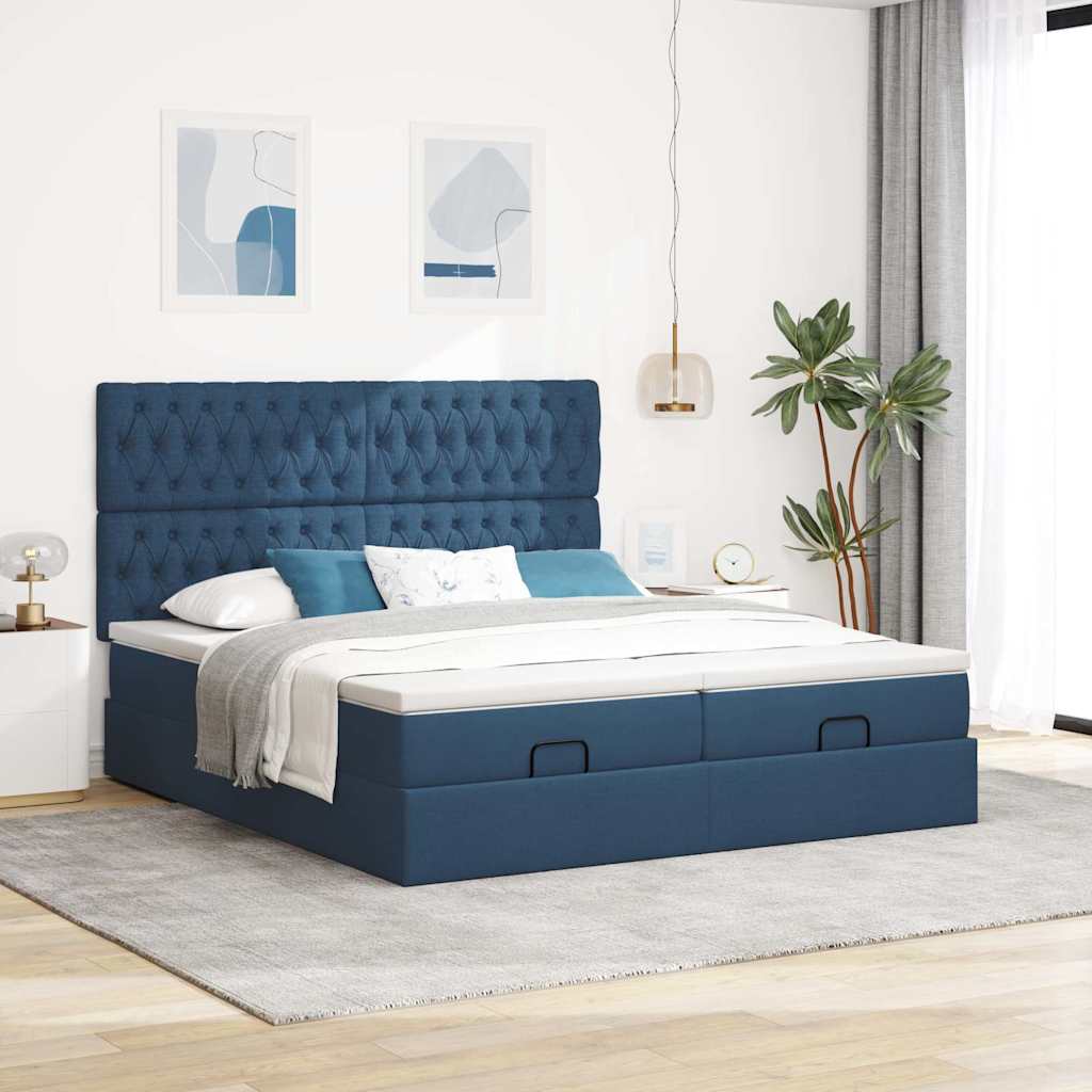 Estrutura de cama otomana com colchões 200x200cm tecido azul - Image 2