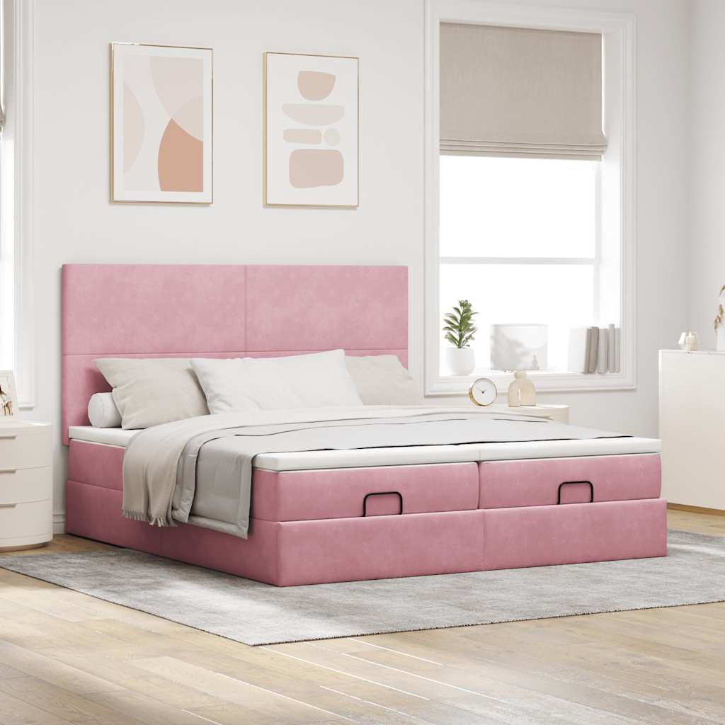 moldura de cama otomana vidaXL com colchão rosa 200x200cm Veludo - Image 2