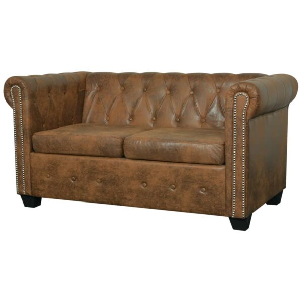 Sofá Chesterfield 2 lugares couro artificial castanho