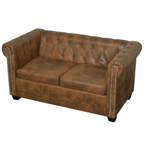Sofá Chesterfield 2 lugares couro artificial castanho - Image 2