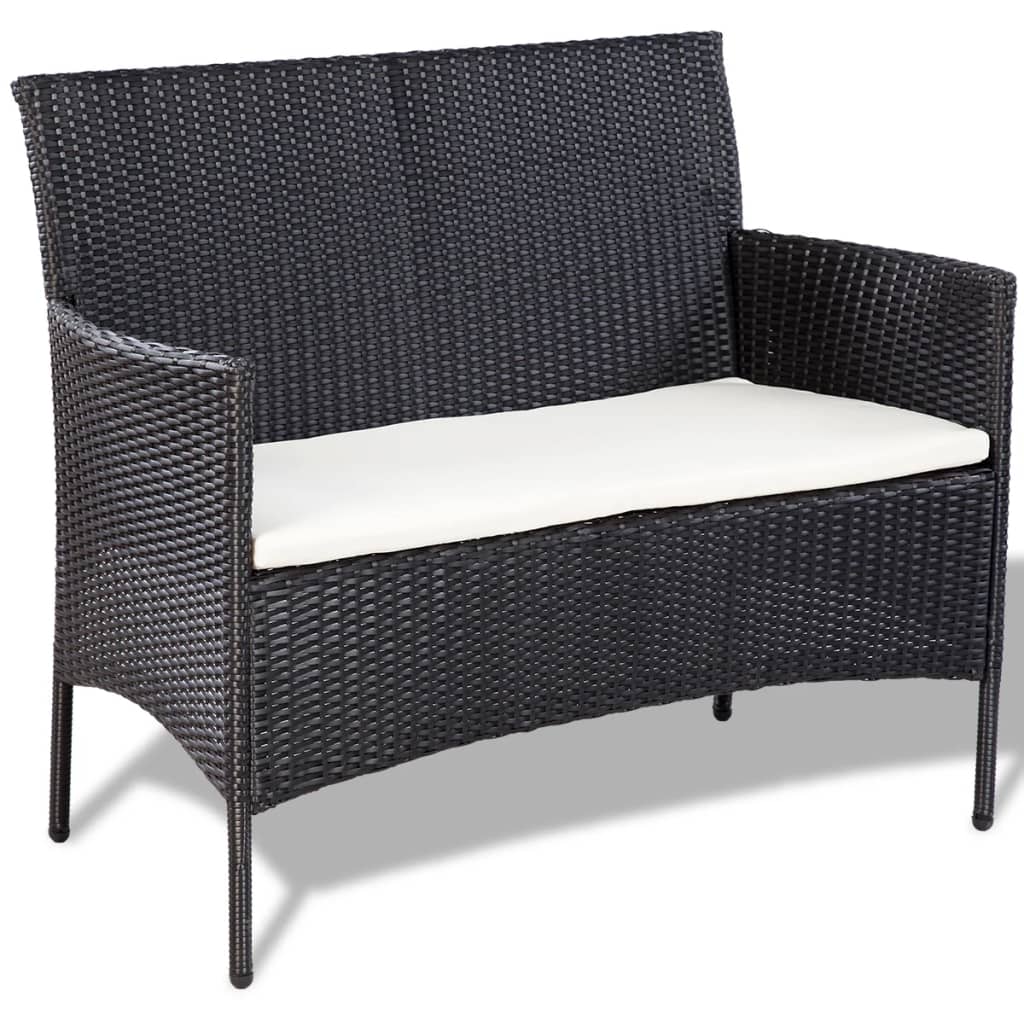4 pcs conjunto lounge de jardim c/ almofadões vime PE preto - Image 4