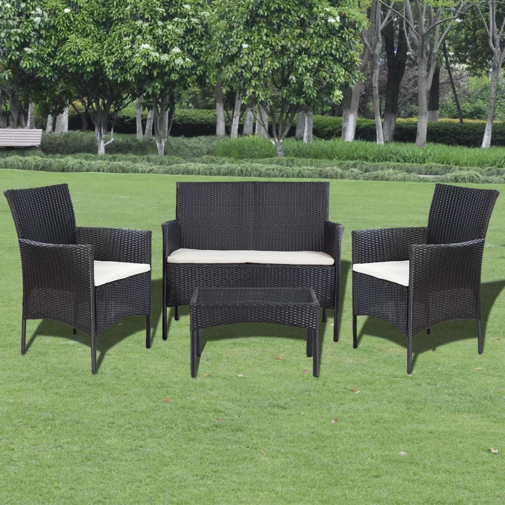 4 pcs conjunto lounge de jardim c/ almofadões vime PE preto - Image 7